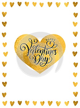 Vector golden foil handwritten lettering Happy Valentines Day. Calligraphy drawn text Valentines Day hearts gold pattern