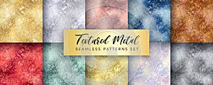 Vector Golden Foil Seamless Pattern Set. Shiny distressed rose gold, silver, bronze, red, green, blue patina grunge