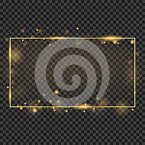 Vector golden frame with lights effects. Shining rectangle banner. Isolated on black transparent background. Vector illustration,