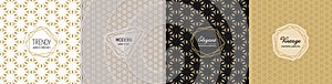 Vector golden geometric seamless patterns with modern labels. Floral ornament