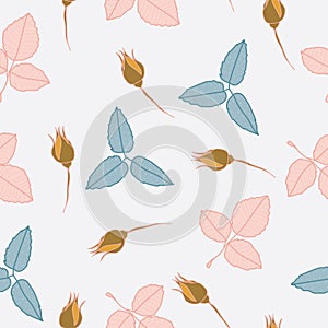 Vector golden hibiscus roses flower, blue and pink leaves on white background seamless repeat pattern.