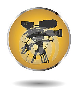 Vector golden icon with detailed professional television video camera on white with shadow