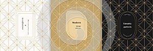 Vector golden linear seamless patterns set with modern labels. Luxury design