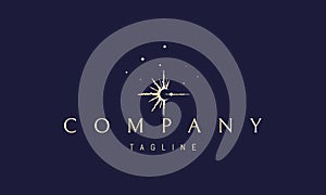 Vector golden logo with an abstract image of a solar eclipse with rays of light.