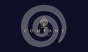 Vector golden logo on which an abstract image of leaves and drops.