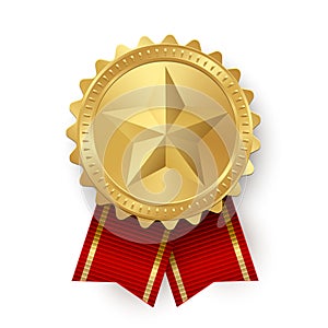 Vector golden medallion with star and red ribbons isolated on white background.