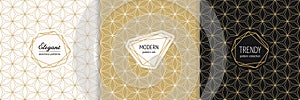 Vector golden minimal geometric seamless patterns with stylish modern labels