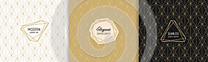 Vector golden minimal seamless patterns set with modern labels. Diamond grid