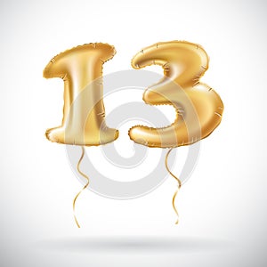 Vector Golden number 13 thirteen made of inflatable balloon on white background