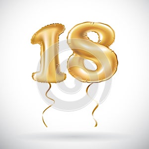 Vector Golden number 18 eighteen metallic balloon. Party decoration golden balloons. Anniversary sign for happy holiday, celebrati