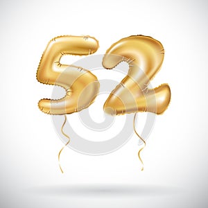 Vector Golden number 52 fifty two metallic balloon. Party decoration golden balloons. Anniversary sign for happy holiday, celebrat