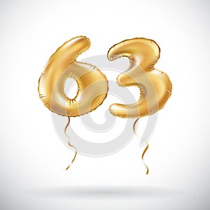 Vector Golden number 63 sixty three metallic balloon. Party decoration golden balloons. Anniversary sign for happy holiday, celebr