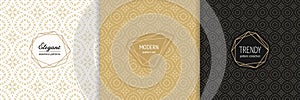 Vector golden patterns set. Luxury seamless floral ornaments with modern labels