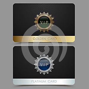 Vector golden and platinum VIP card template. Crown round frame with gem on a black geometric pattern background. Jewel label