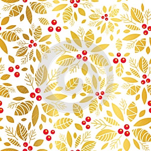 Vector golden red holly berry holiday seamless pattern background. Great for winter themed packaging, giftwrap, gifts