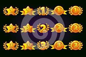 Golden rewards icons set. 1st, 2nd, 3rd place different variation. Laurel wreath of victory and gold star or game, ui, banner, app photo