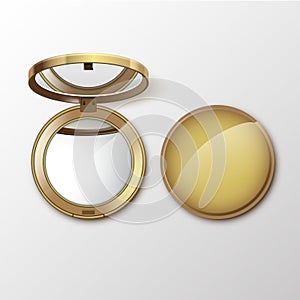 Vector Golden Round Pocket Cosmetic Make up Small Mirror on White Background