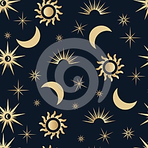 Vector golden seamless pattern with mystical magic elements of various sun and moon shapes