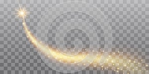 Vector golden sparkling falling star. Stardust trail. Cosmic glittering wave. PNG photo