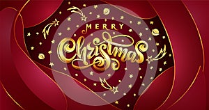 Vector Golden text Merry Christmas on red plastic effect background with falling stars, planets, comets, galaxies