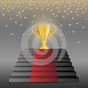 Vector of golden trophy on top of stairs with red carpet and golden and silver confetti.