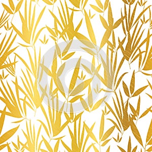 Vector Golden White Bamboo Leaves Seamless Pattern Background. Great for tropical vacation fabric, cards, wedding