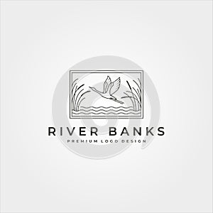 Vector of goose in river plant logo design, line art flying swan logo design