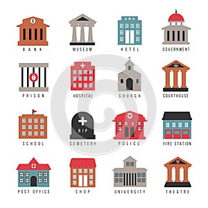 Vector government building colored icons. Municipal city architecture symbols isolated on white background photo