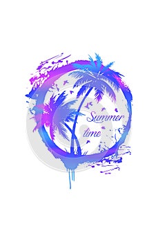 Vector gradient hot blue-purple-violet isolated palms trees in grunge circle.Summer time.Aloha.California.