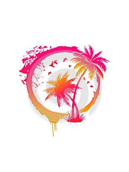 Vector gradient yellow-pink-orange grunge isolated palms trees in sun circle.California.