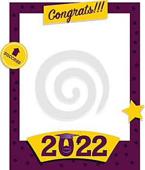 Vector of 2022 graduate photo frame in burgundy and yellow with cap and gown. Congratulatory photoboth and selfie concept at the