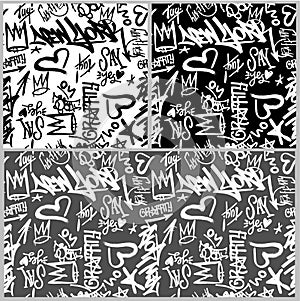 Vector graffity tags seamless patterns set on black, gray and white background