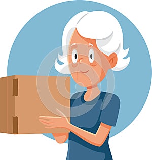 Vector Granny Holding a Cardboard Package Delivered by Courier