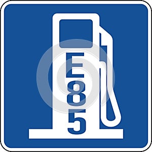 Vector graphic of a blue usa Alternative Fuel - E85 mutcd highway sign. It consists of a silhouette of a gas pump with E85 written