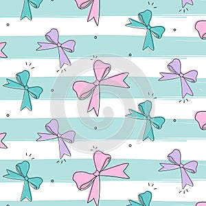 Vector graphic bows with hearts. Cute woman decoration. Striped white black stain bow pattern. Satin gift wrap for