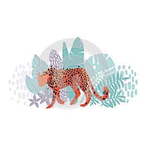 Vector graphic cheetah surrounded by exotic plants