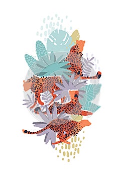 Vector graphic cheetah surrounded by exotic plants