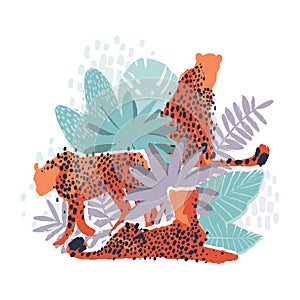 Vector graphic cheetah surrounded by exotic plants