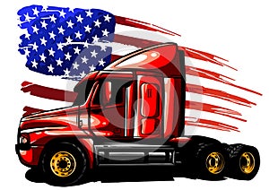 Vector graphic design illustration of an American truck with stars and stripes flag
