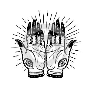 Vector graphic hands illustration with mystic and occult symbols. Fortunate hands