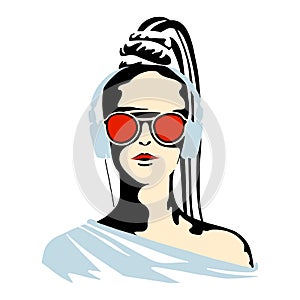 Vector graphic illustration of girl, listening music. Beautiful silhouette simple close up face with sunglasses, headphones.