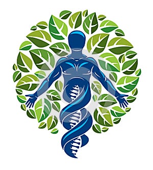 Vector graphic illustration of muscular human depicted as DNA st