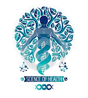 Vector graphic illustration of muscular human depicted as DNA symbol continuation and created with ecology tree leaves. Green
