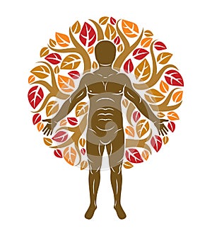 Vector graphic illustration of muscular human, self surrounded with autumn tree eco leaves. Living in harmony with nature,