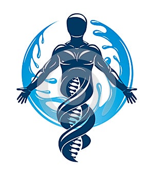 Vector graphic illustration of strong male created as scientific model of human DNA and surrounded by a water ball. Eco friendly