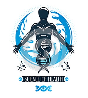 Vector graphic illustration of strong male created as scientific model of human DNA and surrounded by a water ball. Environment