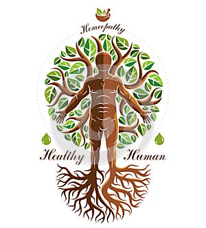 Vector graphic illustration of strong male depicted as continuation of tree and composed with mortar and pestle. Phytotherapy met