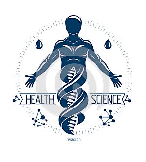 Vector graphic illustration of strong male depicted as DNA symbol continuation and created with wireframe connections.