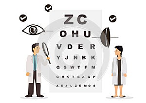 Vector graphic illustration of team of doctors diagnose the eye and the graph