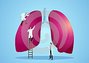 Vector graphic illustration of team of doctors diagnose human lung